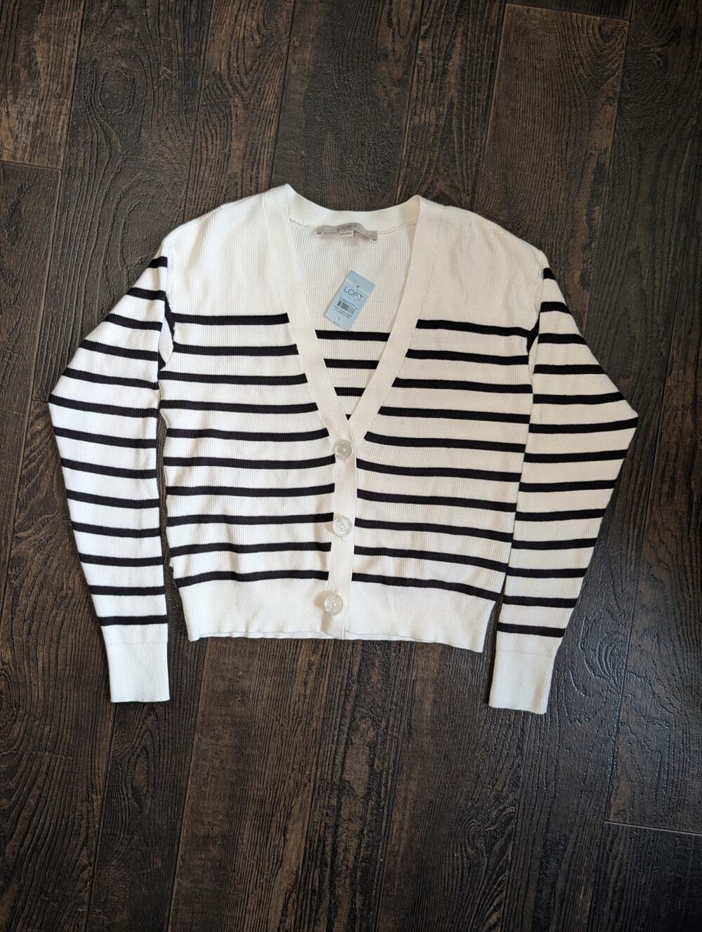 LOFT Petites Striped V-Neck Cardigan Sweater Size S Small Petite Cream Black